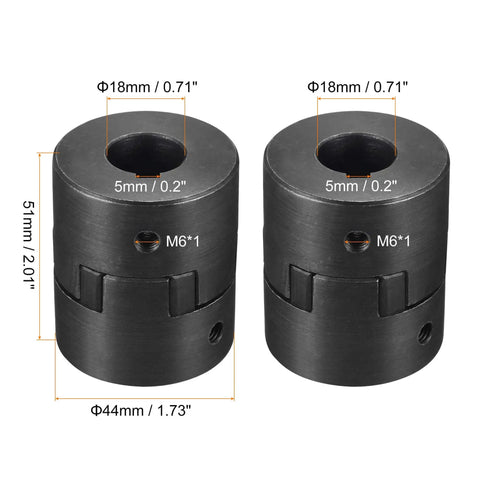 Two 18mm to 18mm flexible coupling shafts with 5mm slots, 51mm length, 44mm OD, made of 45 steel for servo and stepper motors.