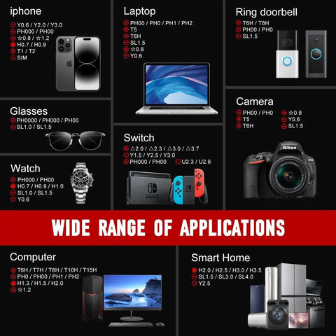 Image showing compatibility of 60 In 1 Magnetic Precision Screwdriver Set with iPhone, laptop, ring doorbell, glasses, camera, watch, switch, computer, smart home.
