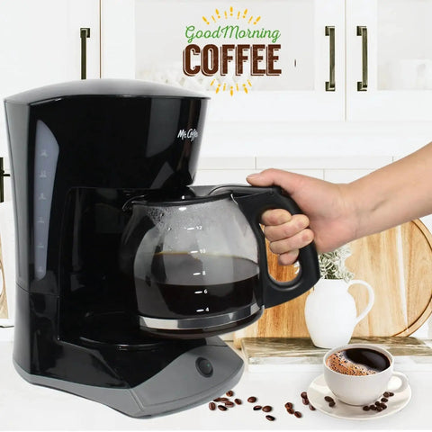 Front view of black Mr. Coffee coffee maker with glass 12-cup replacement carafe and black handle