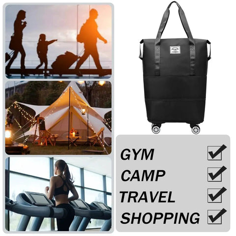 Rolling Duffle Bag With Detachable Wheels For Travel, black, scenes of gym, camping, and shopping