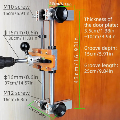 Wood Door Lock Mortiser Kit With Aluminum Frame Manual Mortising Jig And Tools Twin Screw Clamp Design installed on door