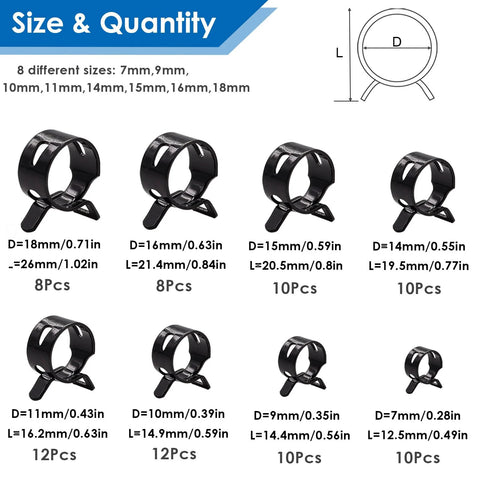 Black spring hose clamp set, 80pcs, sizes 7–18mm, for vacuum and air hoses