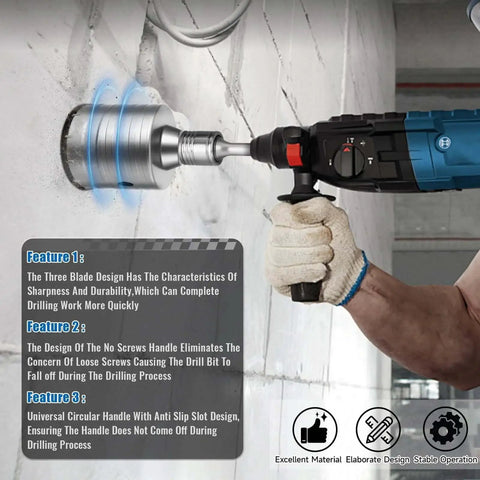 Pro Grade Heavy Duty Concrete Hole Saw Kit With Upgraded SDS Plus And Max Shanks drilling a concrete wall, shown close-up