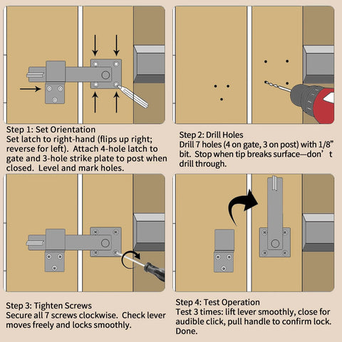 Installation steps for 6 Inch Barn Door Flip Latch Lock Heavy Duty Gate Latch on wood gate with drill, screws, and testing instructions.