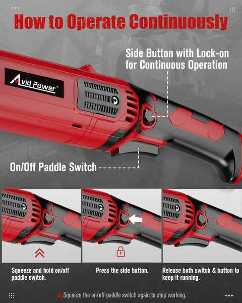 Close-up of red 4-1/2 Inch Angle Grinder With 1000W Motor, 8 Amp, 7 Variable Speeds, showing paddle switch and side button.