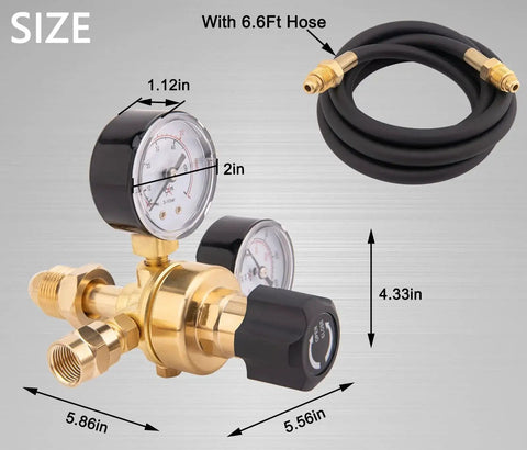Universal Argon CO2 Gas Regulator for MIG TIG Welding with 0 to 4500 PSI gauge, CGA 580 inlet, showing dimensions and 6.6 ft hose.