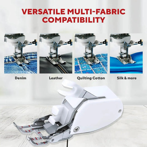 Walking foot for low-shank sewing machines; white universal presser foot shown with denim, leather, quilting cotton, silk.