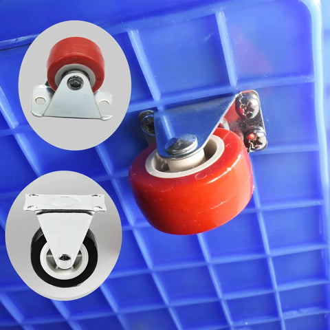 Close-up of a blue base with red swivel caster wheels, attached for mobility. Featuring two comparison images of the caster wheels.