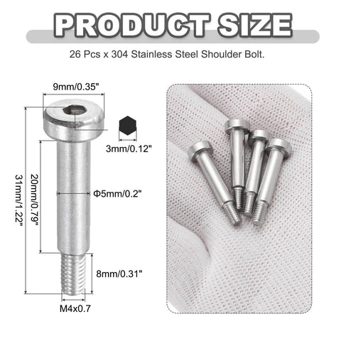 26 Piece 304 Stainless Steel Shoulder Bolt Set, 5mm Shoulder Diameter, 20mm Shoulder Length, detailed size diagram and bolts on fabric