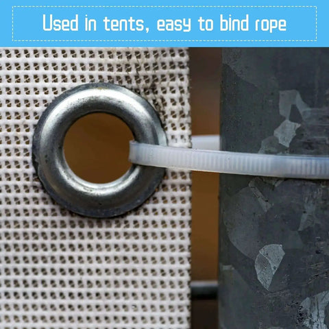 Close-up of a durable grommet on tarp secured with a zip tie, part of 25 Sets 1 Inch Grommets And Eyelets Kit With Washers Self Backing