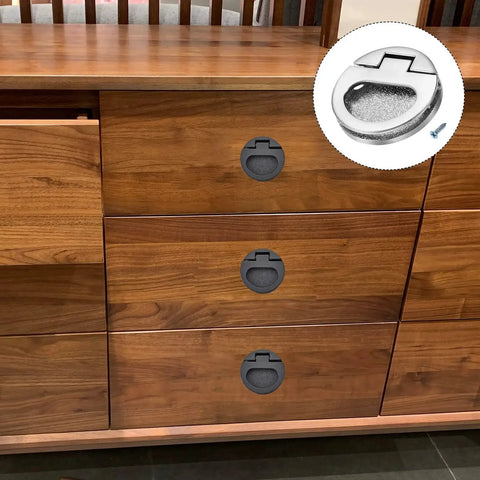 Flush Ring Pull Handles 43.5mm 1.71 Inch Zinc Alloy Flush Pull Slam Latch Set installed on wooden cabinet drawers
