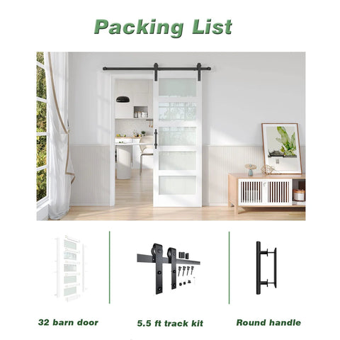 32 Inch By 84 Inch White Frosted Glass Sliding Barn Door With 66 Inch Hardware Kit And Handle PVC Surface Finish