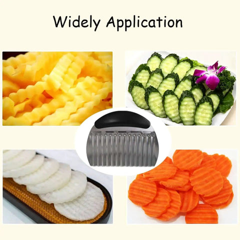 Crinkle Cutter For Veggies And Potatoes Stainless Steel Waffle Fry Cutter With Durable One Piece Handle Rust Resistant Kitchen Knife Ideal For Making French Fries And Veggie Chips At Home ULIFEBETTER surrounded by crinkle-cut veggies