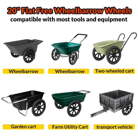 Image of carts equipped with 20 Inch Flat Free Wheelbarrow Wheels 2 Pack With Preinstalled Five Eighth Inch Bearings And Three Quarter Inch Adapters Replacement Cart Tires, suitable for garden and farm use.