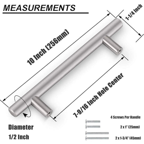 25 Pack Solid Stainless Steel Cabinet Pulls Satin Nickel Euro Style T Bar Drawer Handles Dresser Pulls Center To Center 7-9/16 Inches, Overall Length 10 Inches Kitchen Cupboard Furniture Hardware shown with measurements