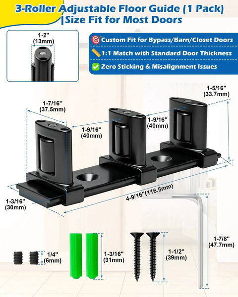 Three-Roller Adjustable Sliding Closet Door Floor Guide Upgrade Kit Bottom Mount For Bypass Double Bypass And Barn Doors One Pack Provides Ultra Smooth Gliding And Edge Protection For Door Panels showing black components and screws on a white background.