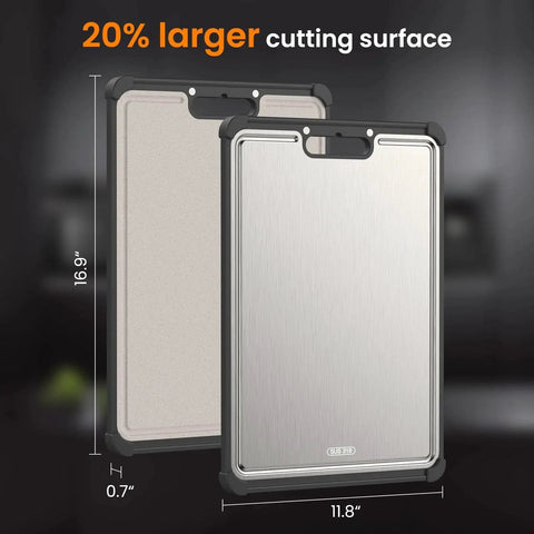 Extra Large Dual Sided Stainless Steel Cutting Board With 316 Stainless For Safer Cooking Non Toxic Food Grade Surface Eco Friendly Wheat Straw Fusion Dual Material Meat Prep Board 16.9 by 11.8 Inches Kitchen Essential