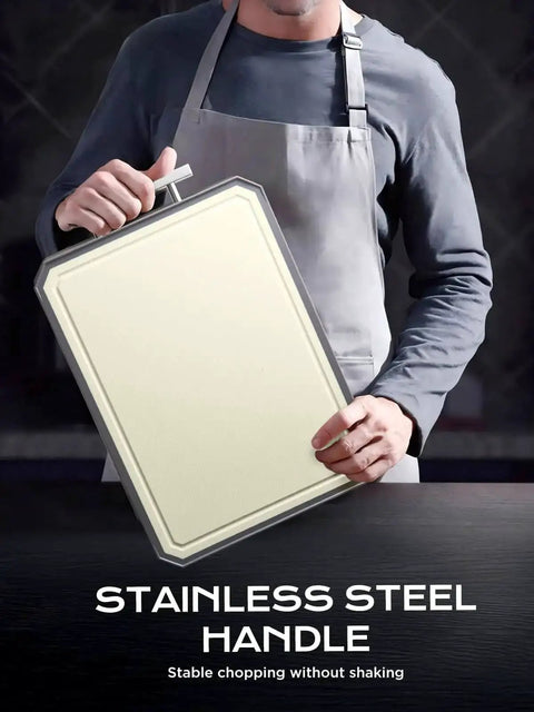 Person holding Double Sided Stainless Steel Meat Cutting Board And Wheat Straw Veggie Board Large 16 By 11 Inch Kitchen Workhorse