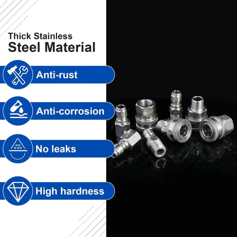 Heavy-Duty 8-Piece Pressure Washer Quick Connect Kit with 3/8 Inch Stainless Steel Hose Fittings arranged on black background