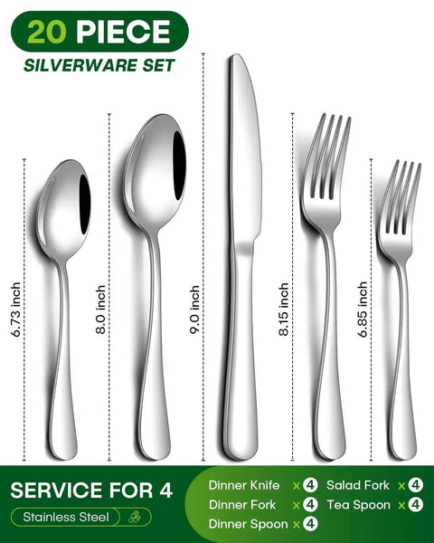 20 Piece Stainless Steel Flatware Set For Four People Everyday Dining Utensils With Knives Forks Spoons And Tea Spoons