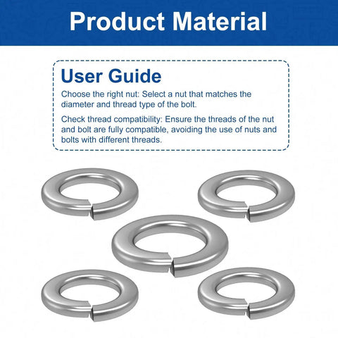 M6 stainless steel spring lock washers, set of 5 on white background, 304/18-8 material