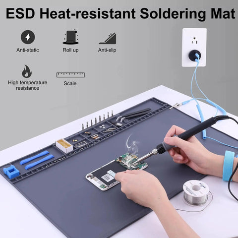 Person repairing a phone on a Premium ESD Safe Magnetic Anti Static Electronics Work Mat With Grounding Accessories 932 F Heat Resistant Twenty Point Seven By Thirteen Point Four Inches For Computer Cell Phone And Laptop Repair Soldering Benchtop Station HPFIX.