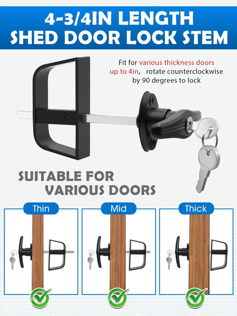 Heavy Duty Shed Door T Handle Lock Latch Kit With Four Keys For Barn Coop Storage Doors, Adjustable 4 3/4 Inch Stem shown with key.