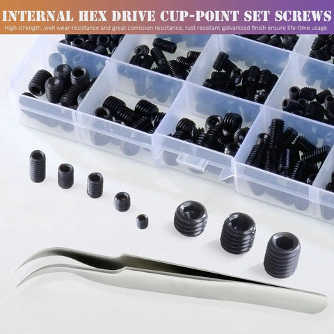 530 Piece Metric Set Screw Kit With M3 M4 M5 M6 M8 Grub Screws Internal Hex Drive For Bathroom Fixtures Door Handles Towel Racks Replacement 12.9 Grade Alloy Steel Durable Heavy Duty DIY Must Have screws in box with tweezers