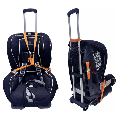 Front and side view of an Extendable Car Seat Travel Cart For Airports With Folding Stowable Base Plate And Smooth Wheels