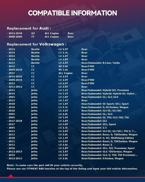 Chart showing compatibility information for Rear Wheel Hub And Bearing Assembly 512319 Pair For VW Jetta Passat Beetle Tiguan 5 Lug.