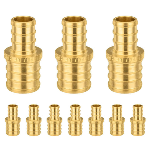 Pack of 10 Foskan brass PEX reducing fittings, 1 in x 3/4 in, for crimp tubing