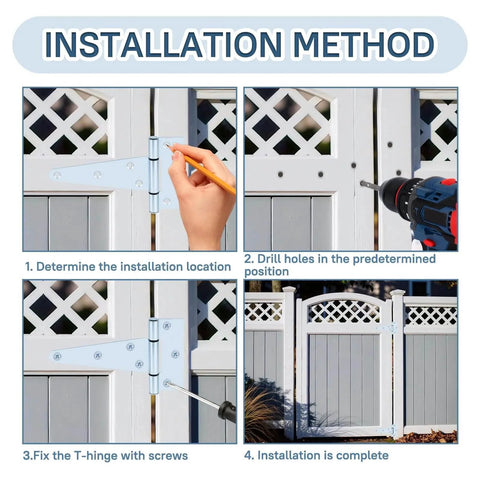 Installation steps for 5 Inch Gate T Strap Hinges Zinc Plated Heavy Duty With Screws Pack Of 10 For Sheds Storage Gates And Barns