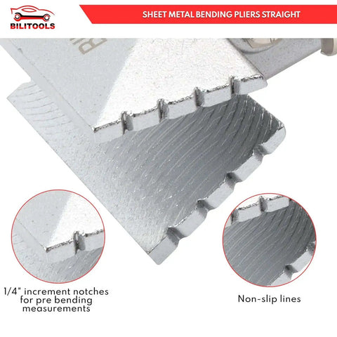 Close-up of 3 Inch Hand Seamer for Sheet Metal with 80 mm jaw width and 34 mm depth, showcasing non-slip lines and measurement notches.