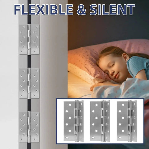 Six Pack Ball Bearing Door Hinges With Square Corners 6 X 4 Inch Heavy Duty Stainless Steel Hinges In Brushed Nickel Finish Include Mounting Screws For Exterior And Interior Doors Corrosion And Scratch Resistant Construction in use on a door with a sleeping child nearby.