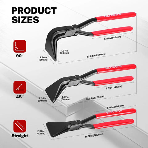 Three Piece Hand Seamer Set For Sheet Metal Bending With Straight 45 Degree And 90 Degree Jaws Two And Three Eighths Inch Wide Pliers Comfortable Grip Handles For Auto Body Home DIY And Metal Fabrication