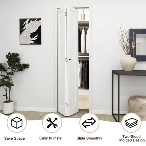 36 Inch By 80 Inch Bifold Barn Door With Hardware Kit White Primed Single Panel Shaker Style Interior Door installed in closet