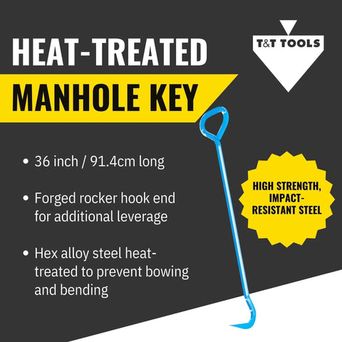 Top Popper Manhole Hook With Rotated Handle 2.5-Foot, 5/8 Inch Alloy Steel Heat Treated For Heavy Duty Lifting, blue handle