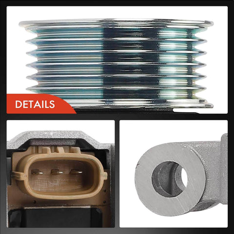 Close-up details of pulleys, connector, and mounting hole on Drop-In 110A 12V Alternator With 6-Groove Pulley For Subaru Forester 2011 2012 2013 2.5L CW Clockwise Replacement Fits Replaces 23700-AA701 A002TL0091A Heavy-Duty Auto Electrical Upgrade For Brighter Starts And Stronger Charging.