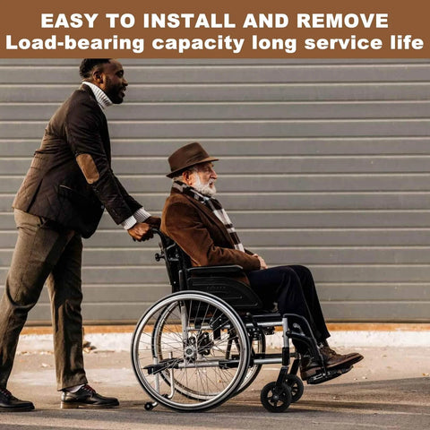 Man pushing elderly man in a wheelchair with large rear wheels, illustrating easy installation and removal, long service life.