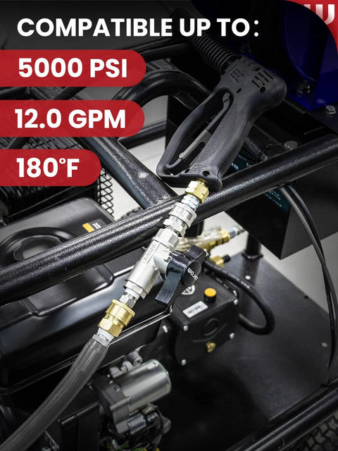 WOJET ball valve pressure washer, stainless steel DN10 shutoff with 3/8 in quick-connect installed on hose