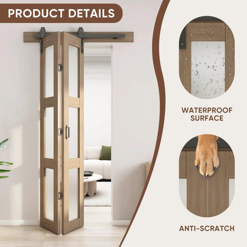 32 Inch Bifold Glass Barn Door Kit with hardware included, 3 panel solid wood and frosted glass installed, brown waterproof PVC surface