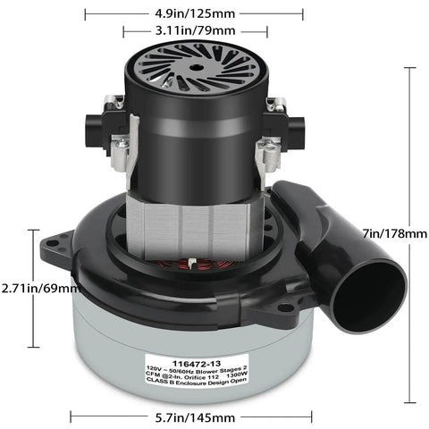 Vacuum motor replacement, 2-stage, 5.7-inch diameter, gray/black housing with side inlet for central vacuums