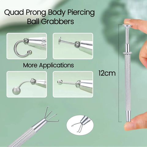 Quad prong body piercing ball grabbers showing varied applications and stainless steel tool in hand, 12cm length.