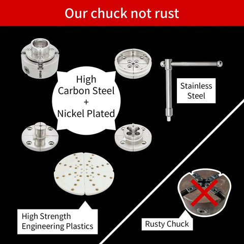 4 Inch Wood Lathe Chuck Set With One And One Quarter Inch By Eight TPI And One Inch By Eight TPI Thread Adapters Nickel Plated Self Centering 4 Jaw Chuck With Five Jaws For Wood Turning parts layout