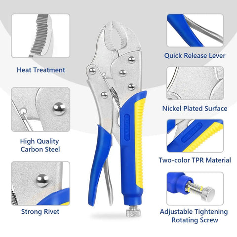 Heavy-Duty Locking Pliers Set With Curved Jaw Vise Grips And Needle Nose Pliers, features and materials highlighted