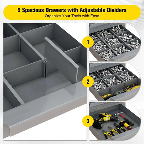 Gray Metal Tool Storage Cabinet With 9 Drawers With Dividers showing adjustable compartments for tools and hardware