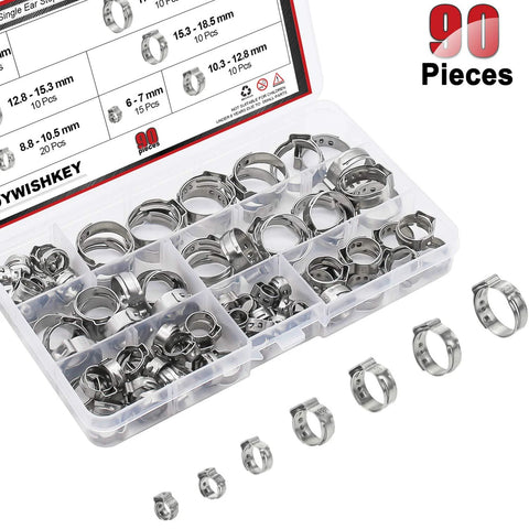 DYWISHKEY 90-piece 6-21mm 304 stainless steel single-ear hose clamps set in storage box