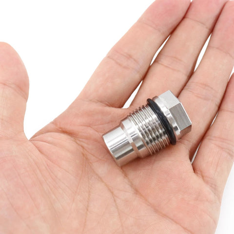 Stainless steel diesel fuel rail plug valve with M20x1.5 threads and rubber O-ring