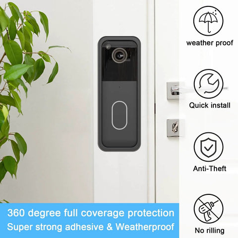 Adhesive Mount for Second Gen Video Doorbell No Drill Mounting Bracket shown installed on a door with weatherproof features.