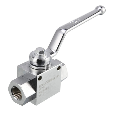 RIDGE WASHER chrome ball valve with lever handle for power washer hose connections.